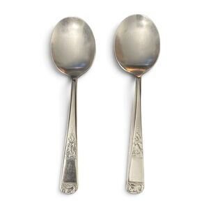 Set of 2 Vintage Hull Lifetime Deluxe Stainless Steel Oval Soup Spoons Tulip
